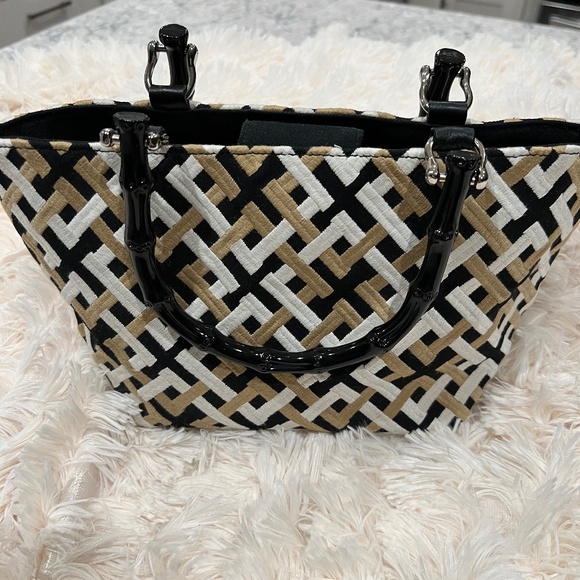 Talbots Handbags - Talbots Black, Tan and White Handbag with Black Bamboo Style Handles